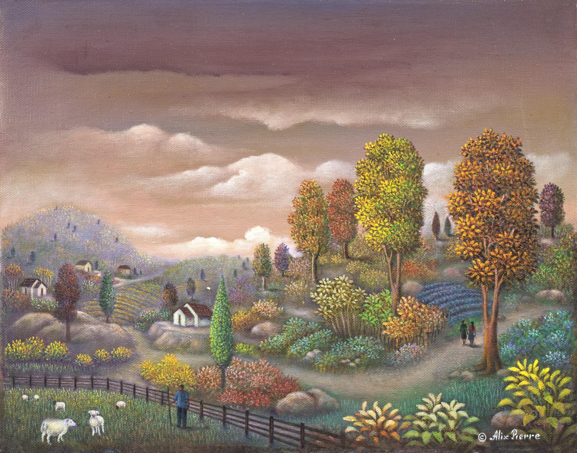 Shepherd Landscape Painting, Tranquil Farm Art