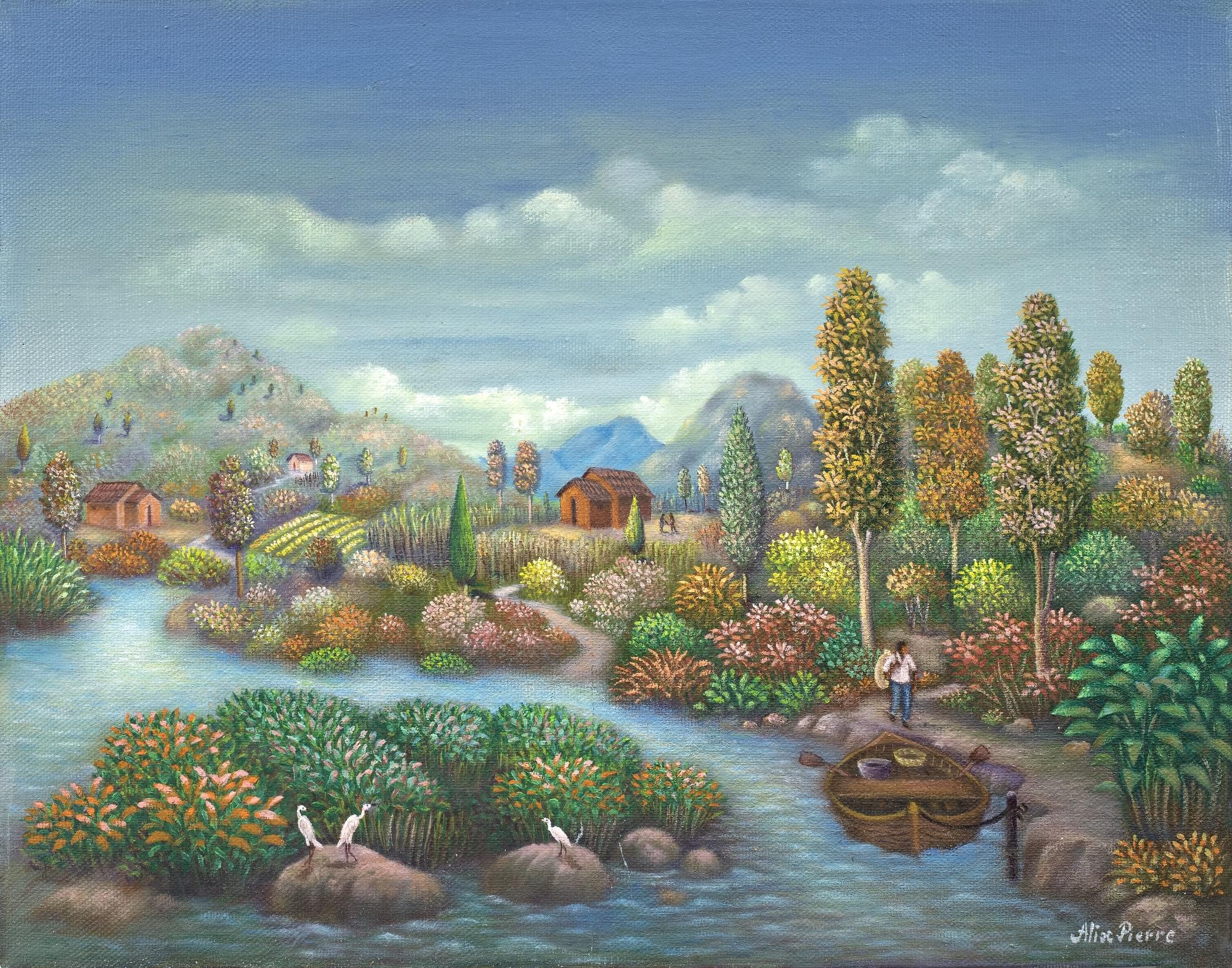 Naive Art Landscape Painting: Tropical River Scene with Fisherman