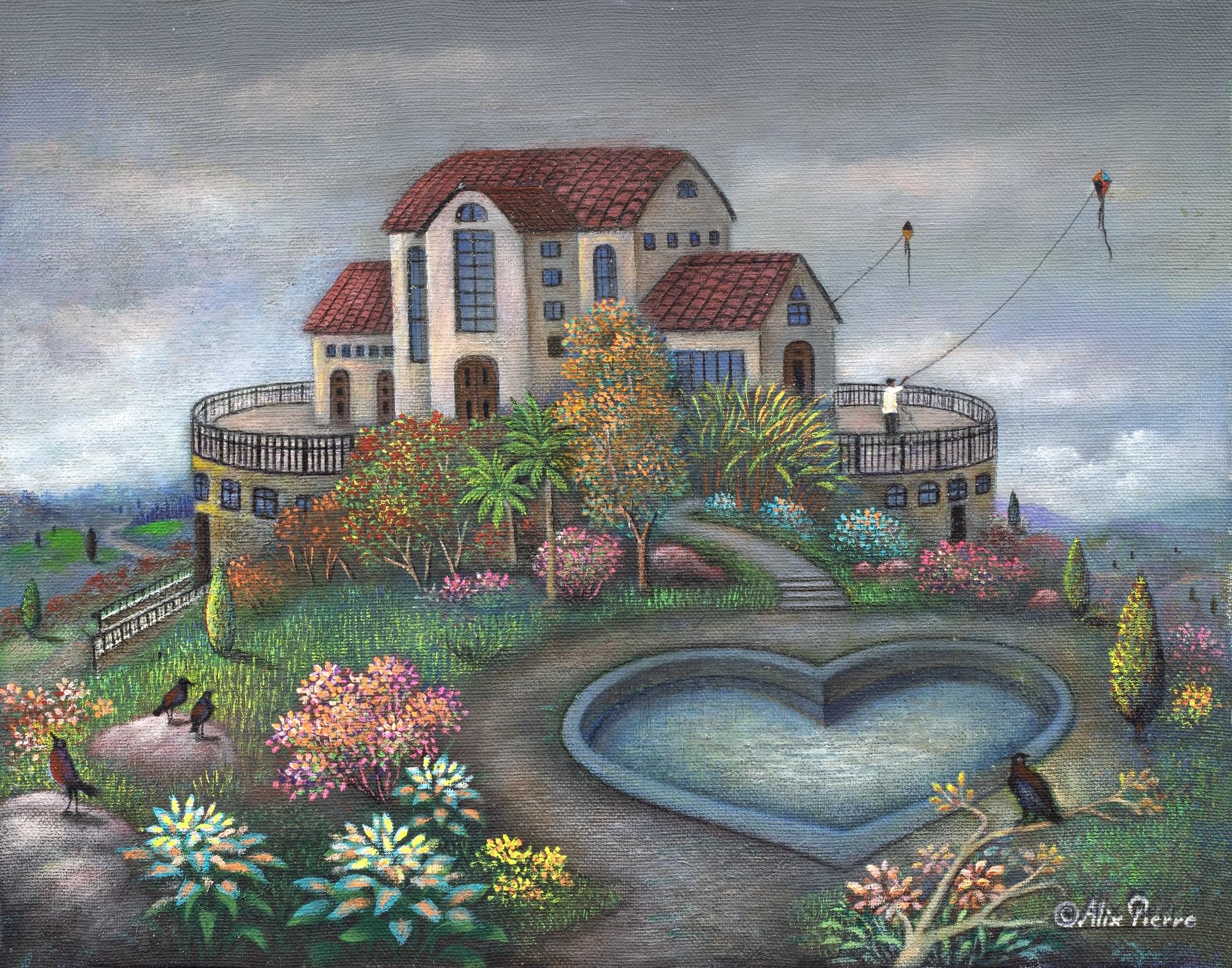 Villa Art Print: Kite Flyers, Heart Pond, Tropical Garden