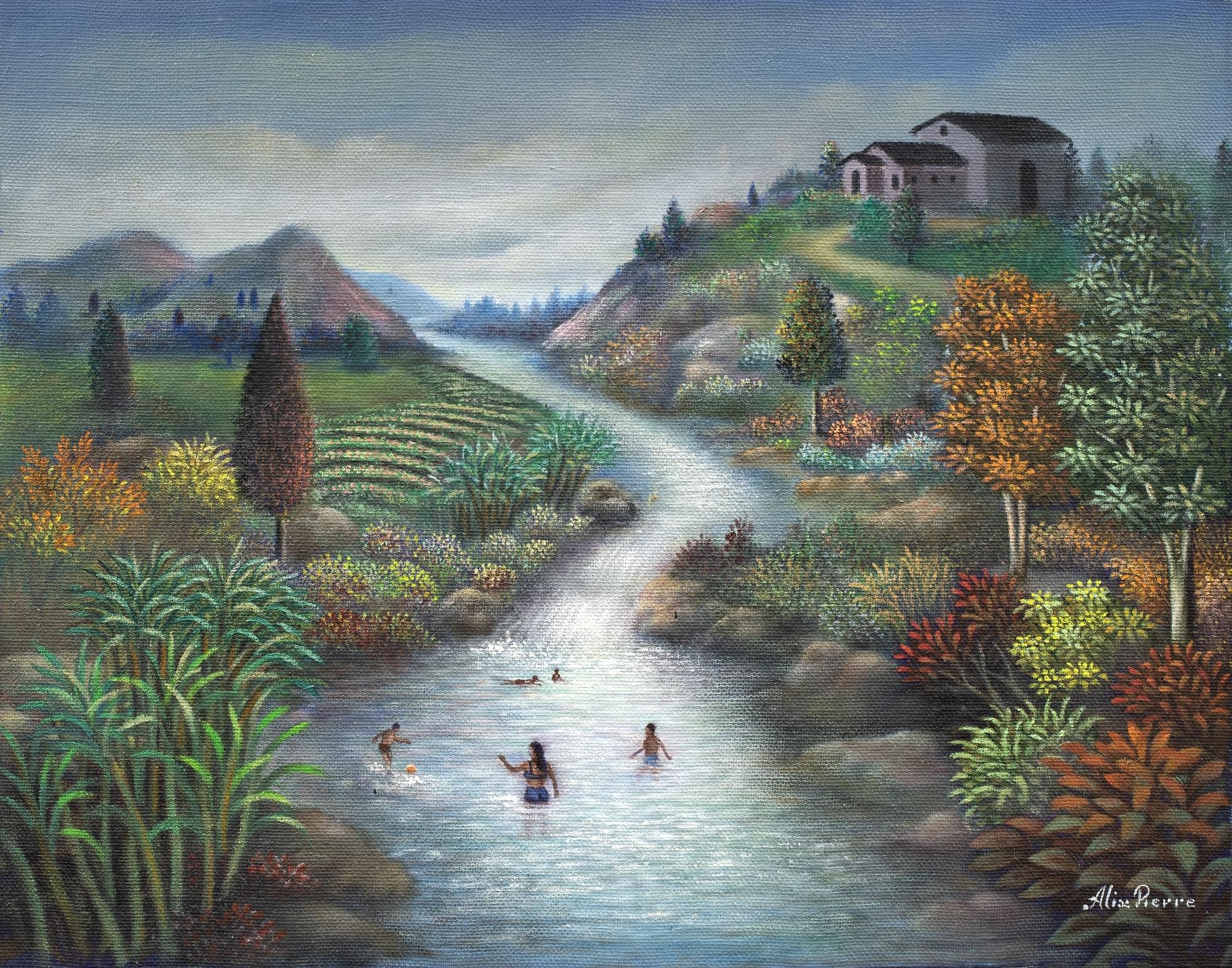 River Bath Painting: Atmospheric Landscape Art