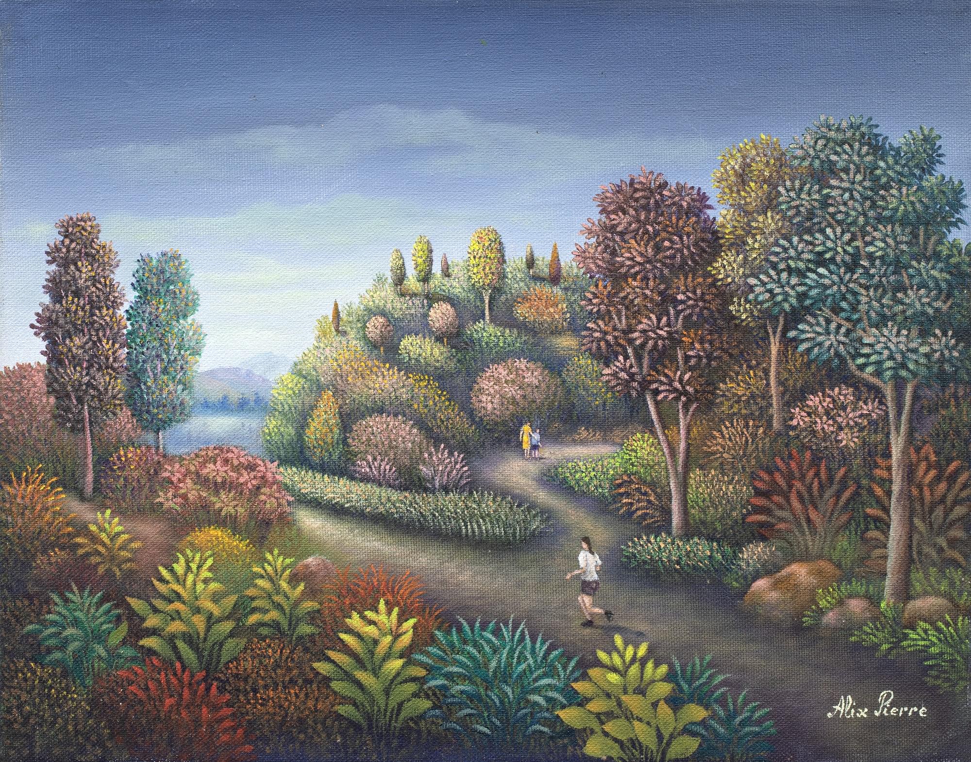 Pointillist Garden Painting: Tropical Landscape with Jogger