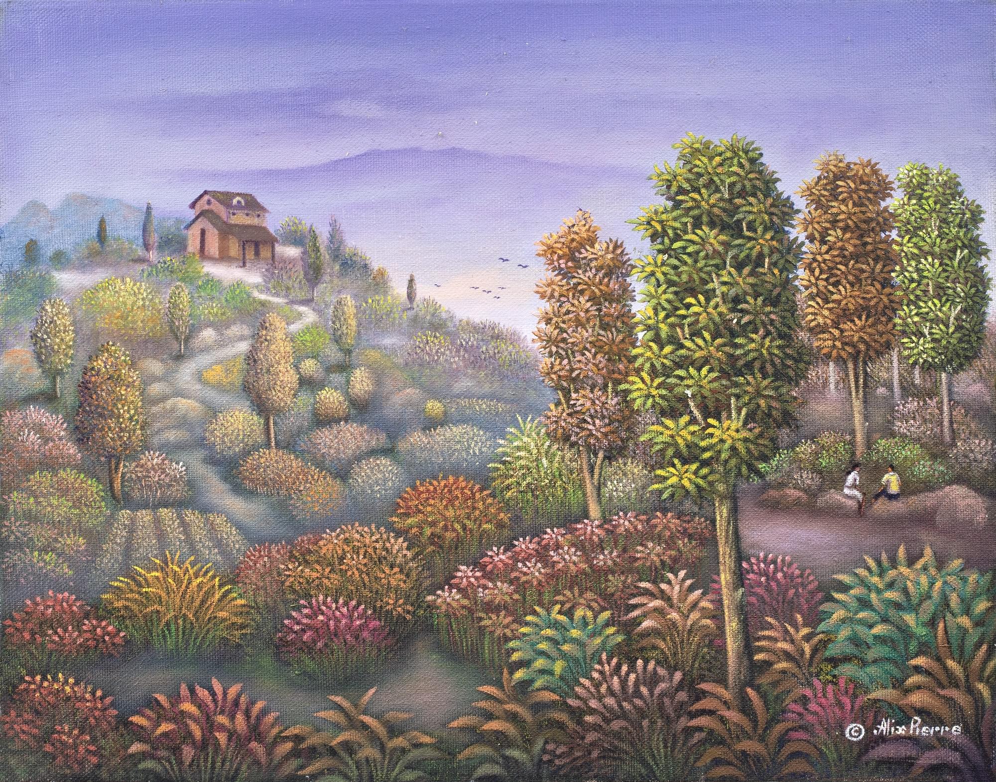 Misty Valley Cottage Painting: Hilltop Retreat Art