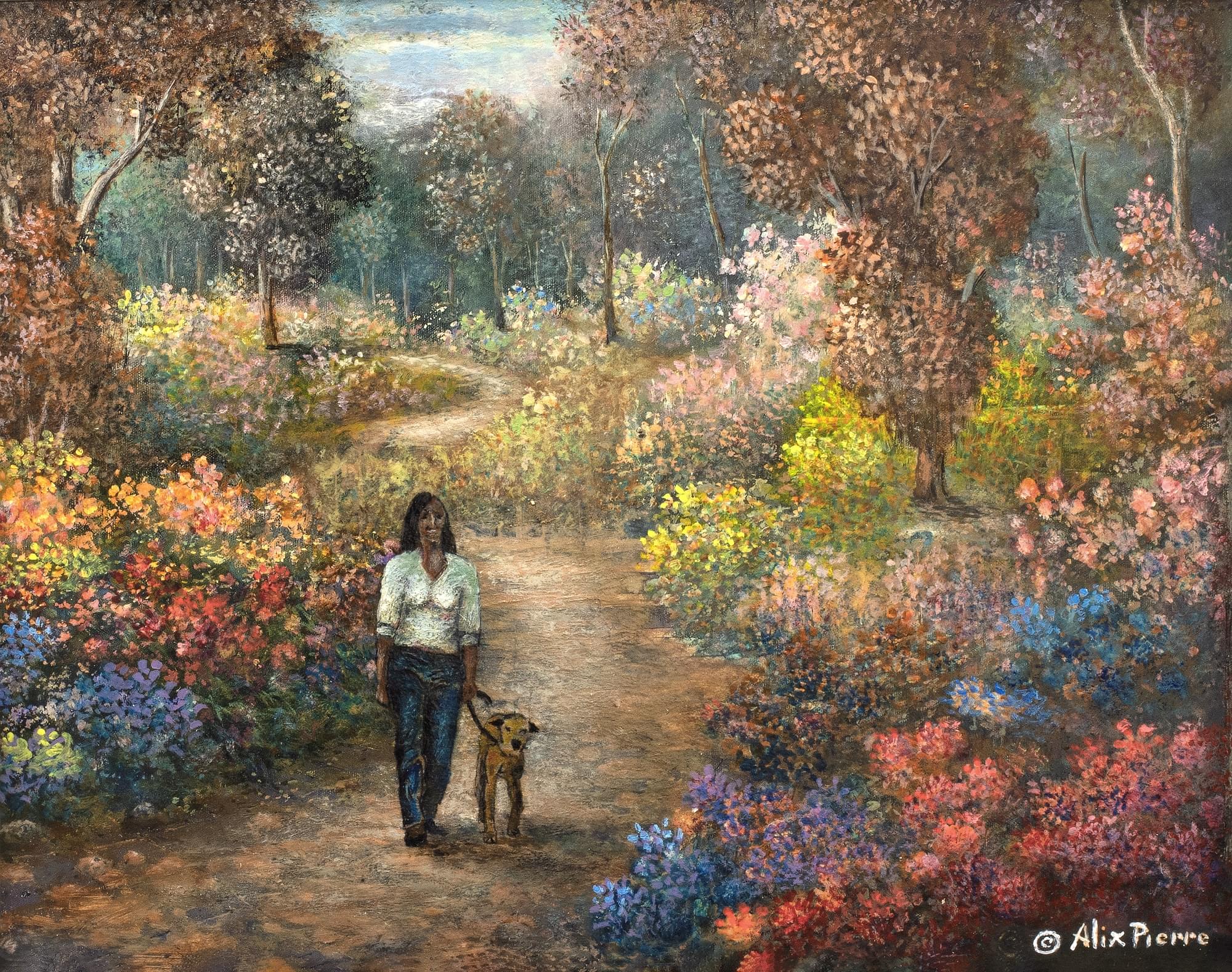 Dog Walk Painting | Woman and Dog in Floral Landscape