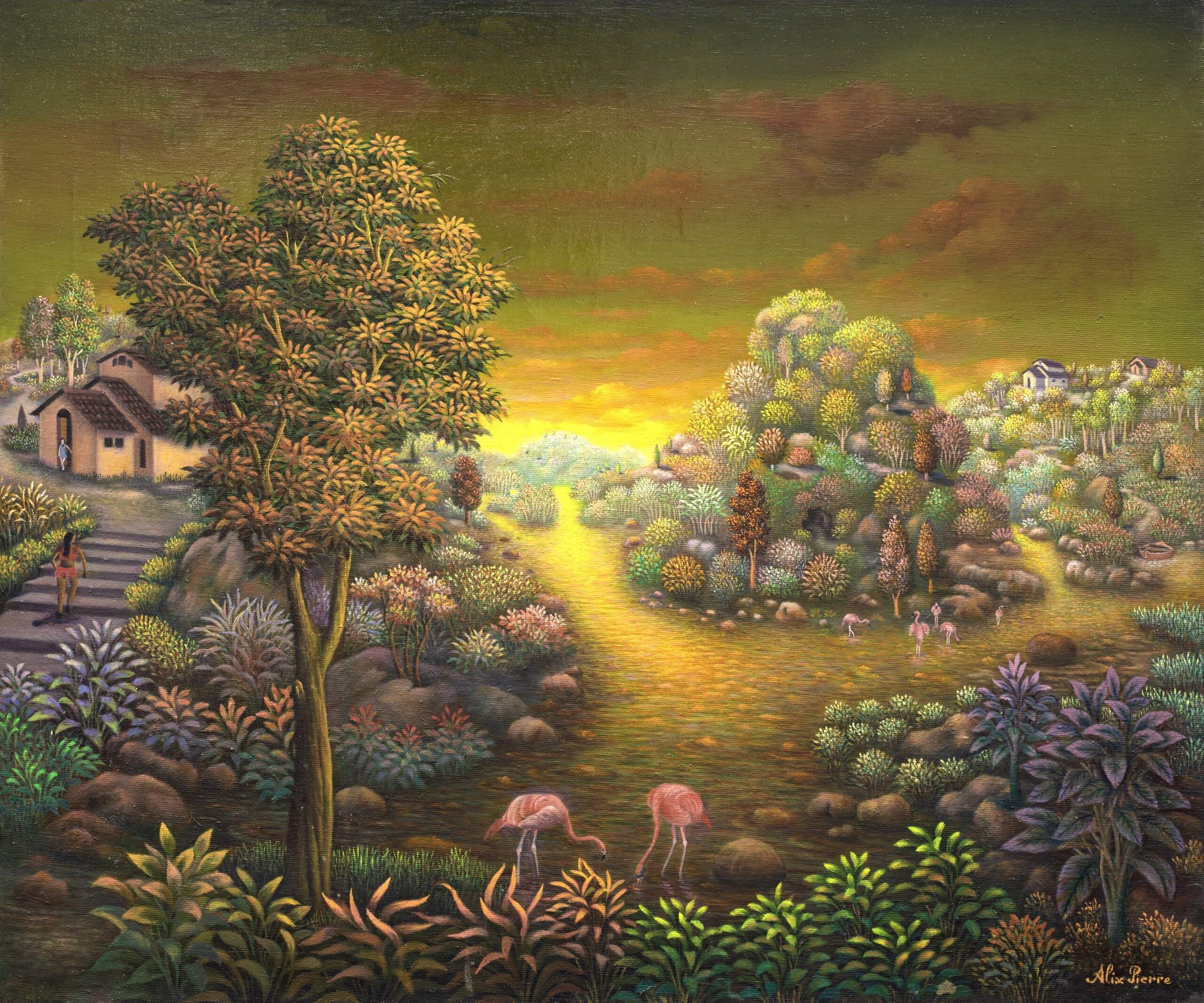 Flamingo Sunset Painting: Tranquil River Landscape Art